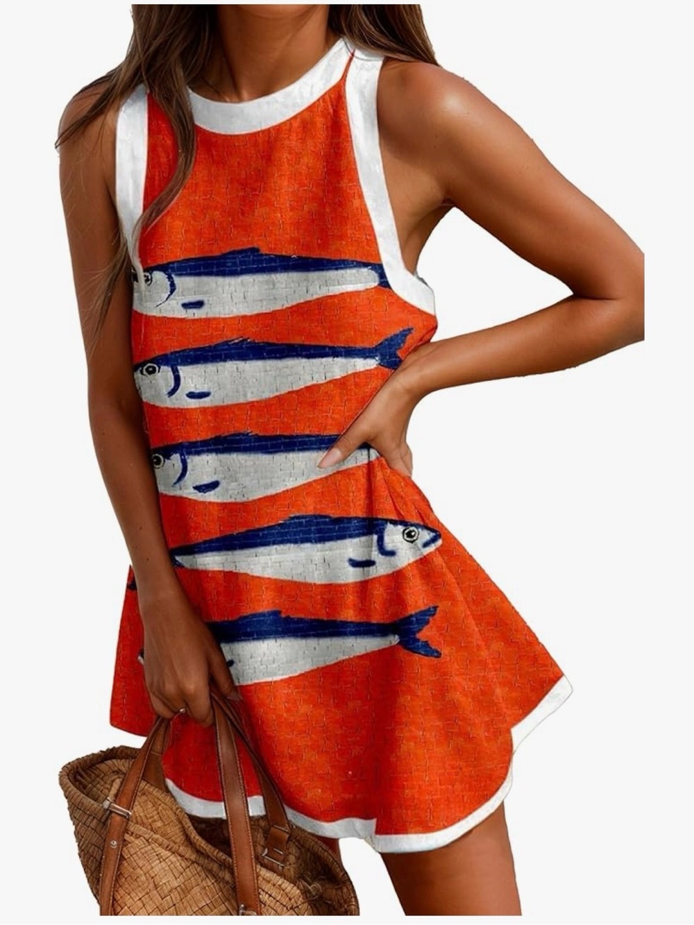 Sleeveless Orange Fish Print Swing Dress with White Trim